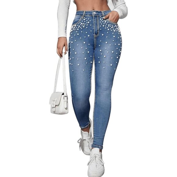Denim - Women's Stretch Skinny Jeans Pearl Embellished Casual Fashion Denim Pants